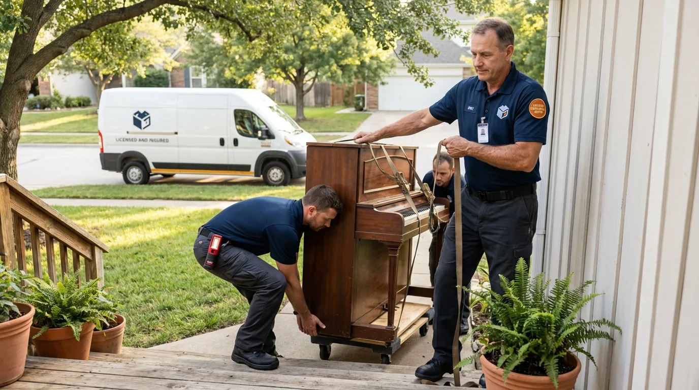 Licensed piano movers securing grand piano in Solana Beach, CA
