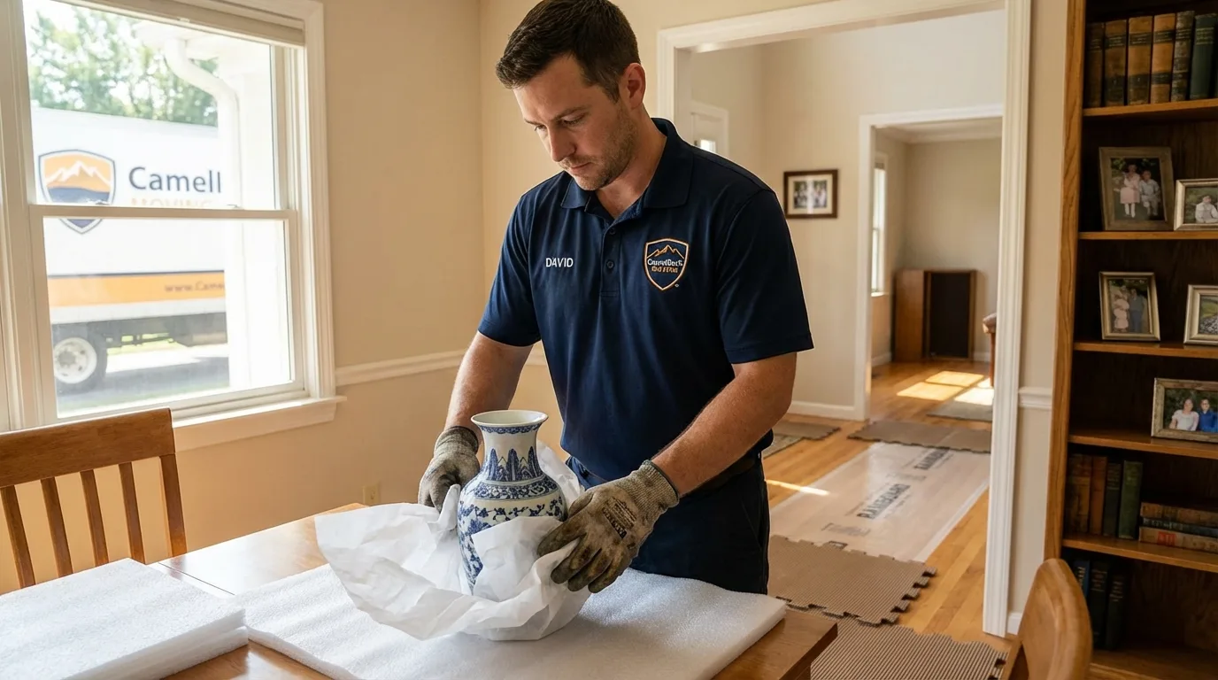 Professional crew carefully wrapping antique vase for senior downsizing move in Solana Beach, CA