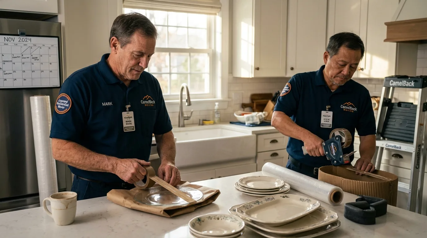 Professional crew packing kitchen dishware in Solana Beach, CA